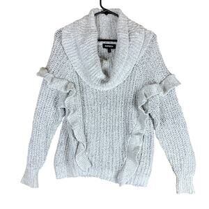 Express Womens Sweater White Cowl Neck Long Sleeve Ruffle Front Small